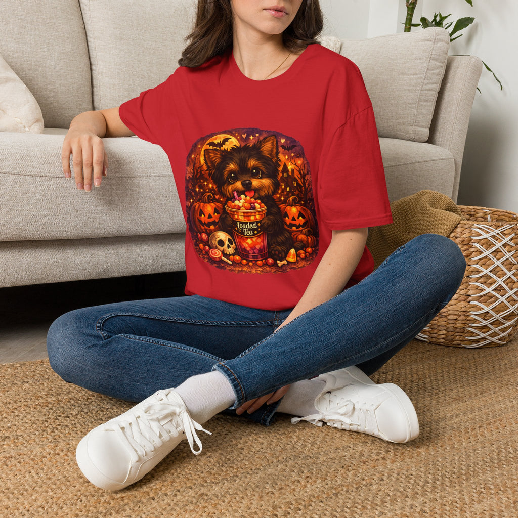 Halloween Puppy T‑Shirt — Cute Yorkie with Candy Pumpkin Design