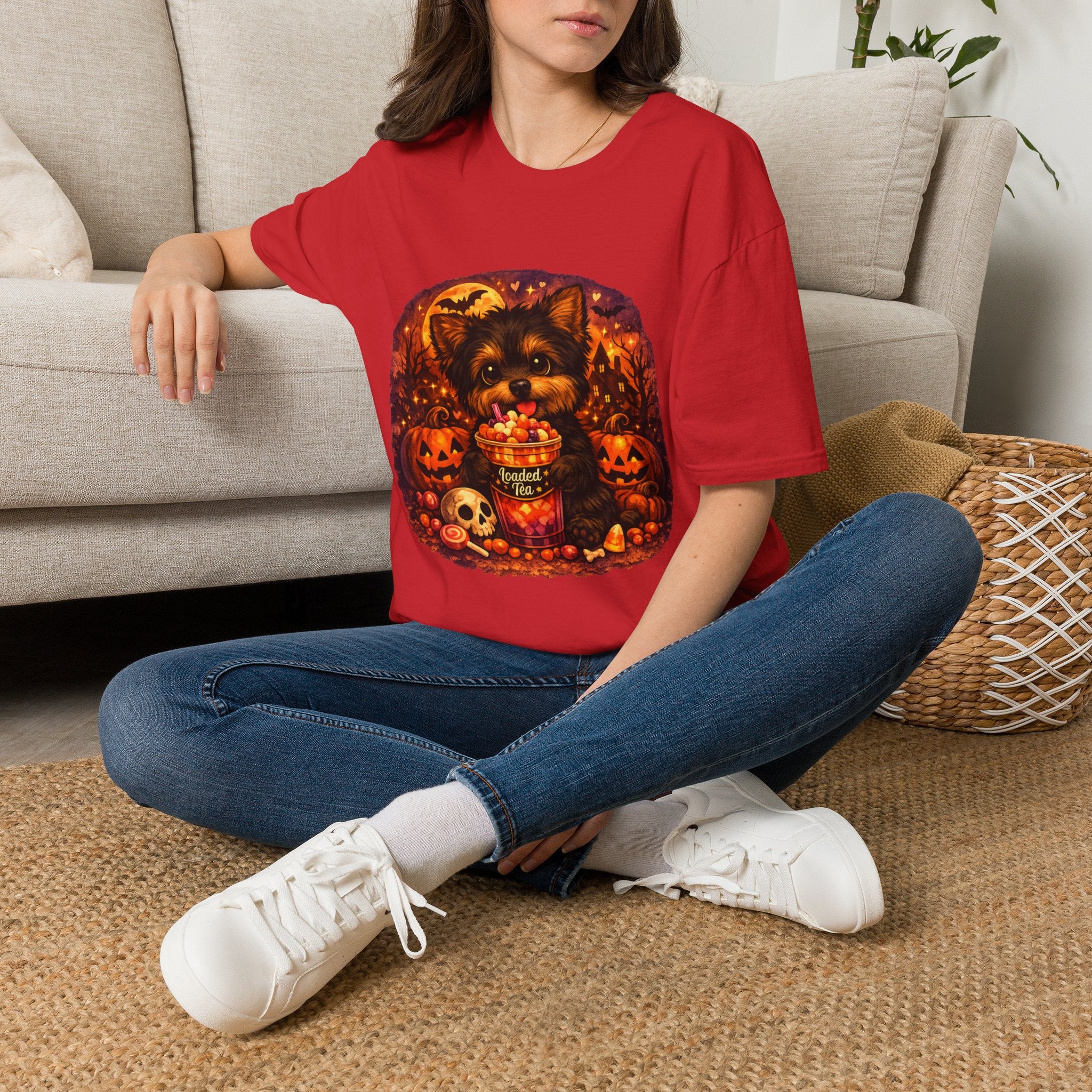 Halloween Puppy T‑Shirt — Cute Yorkie with Candy Pumpkin Design