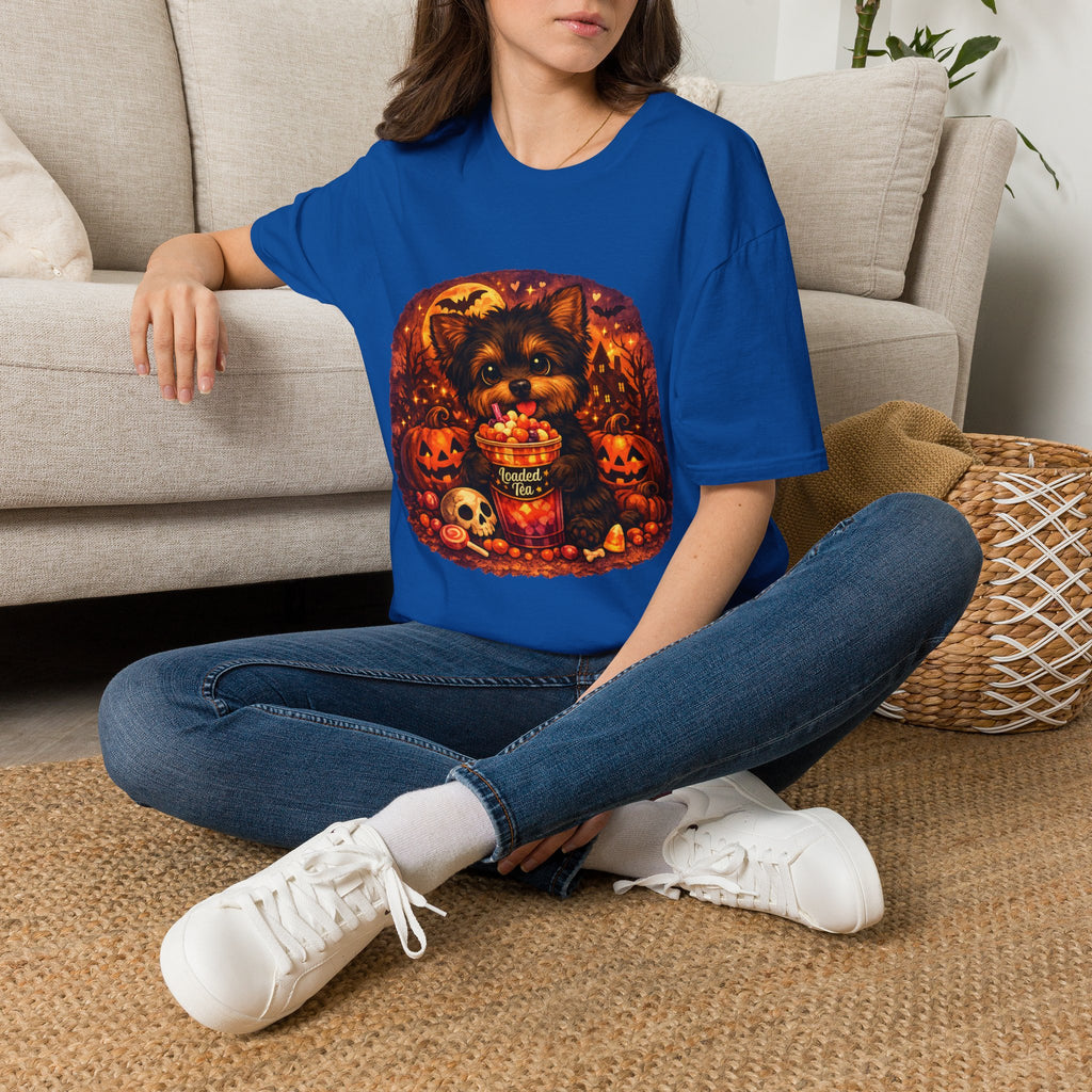 Halloween Puppy T‑Shirt — Cute Yorkie with Candy Pumpkin Design