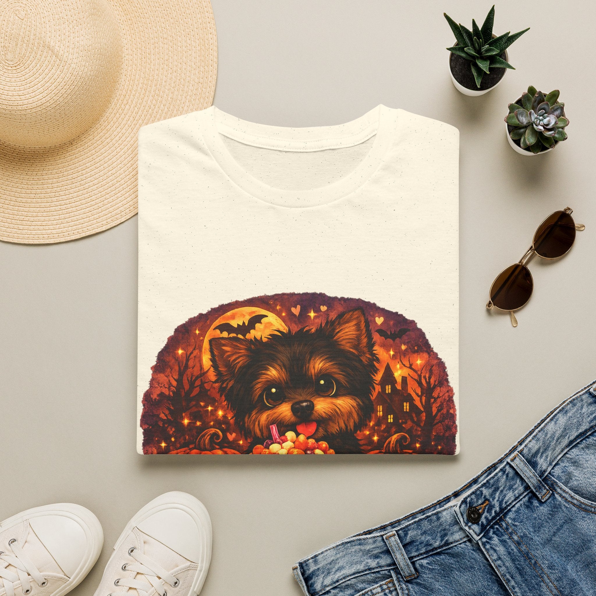 Halloween Puppy T‑Shirt — Cute Yorkie with Candy Pumpkin Design