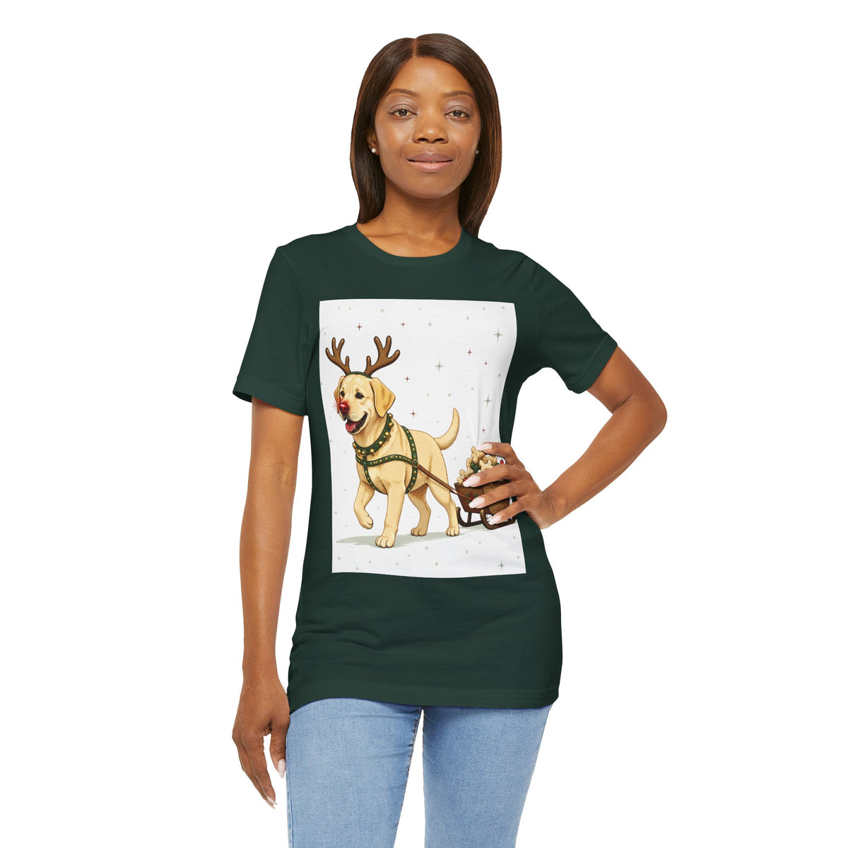 Labrador Reindeer Dog T-shirt | Christmas Pup Pulling Holiday Sleigh
