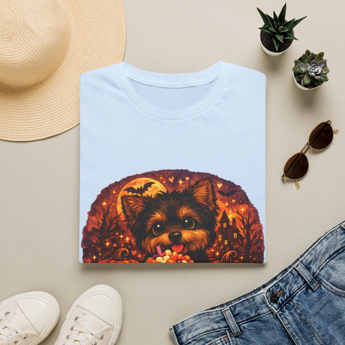 Halloween Puppy T‑Shirt — Cute Yorkie with Candy Pumpkin Design