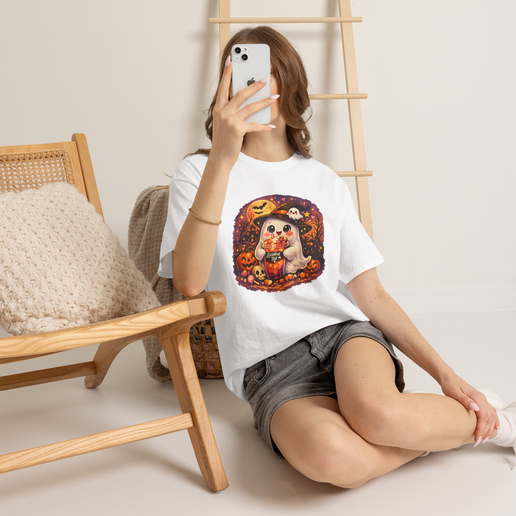 Cute Ghost Trick-or-Treat T-Shirt — Halloween Candy Puppy Design