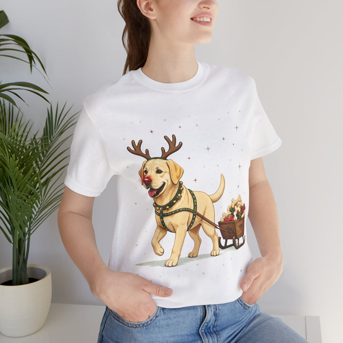 Labrador Reindeer Dog T-shirt | Christmas Pup Pulling Holiday Sleigh