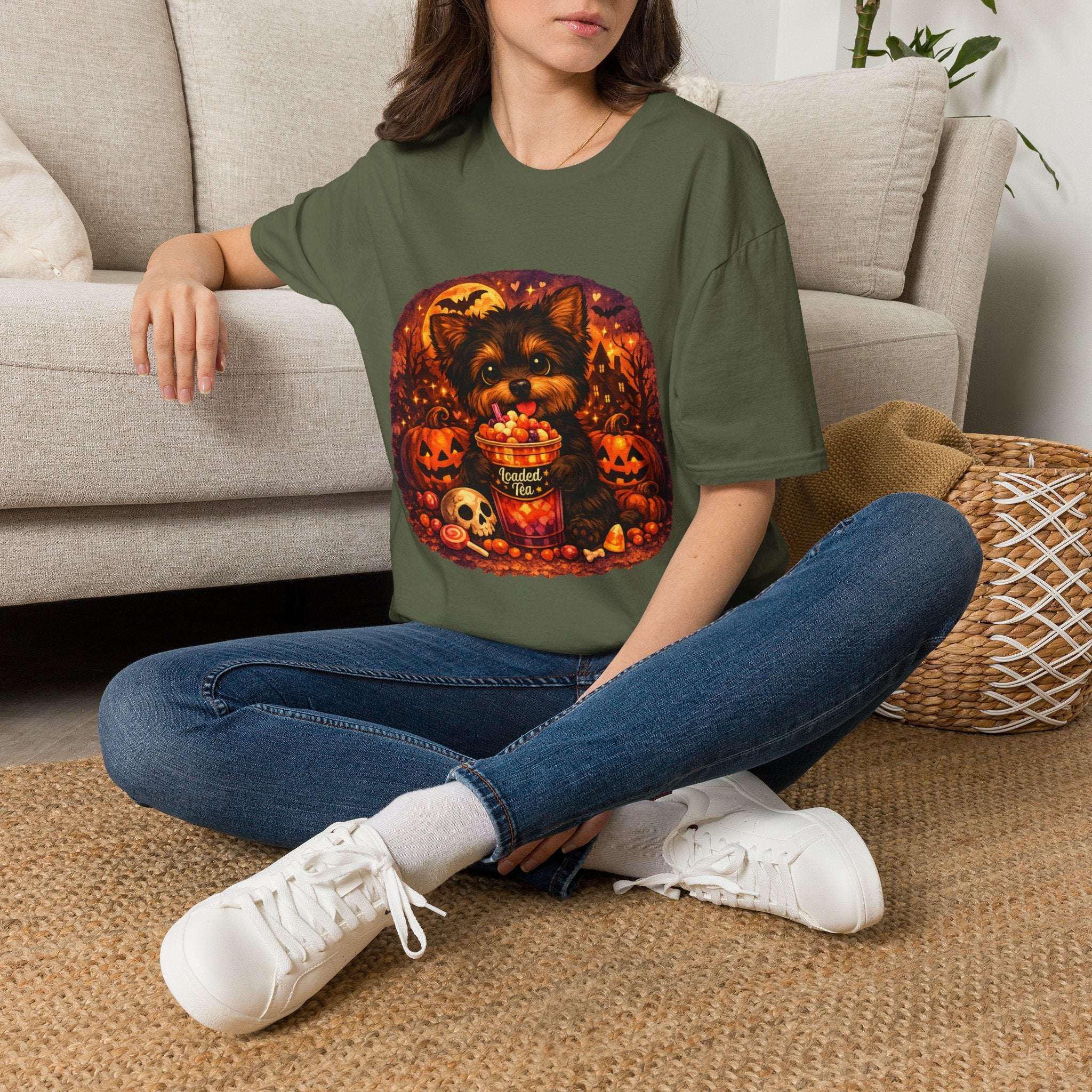 Halloween Puppy T‑Shirt — Cute Yorkie with Candy Pumpkin Design