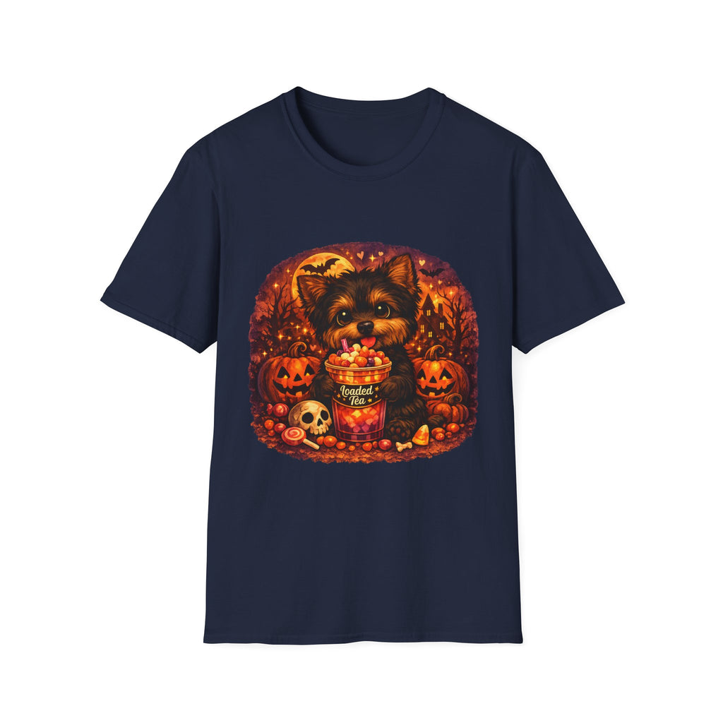 Halloween Puppy T‑Shirt — Cute Yorkie with Candy Pumpkin Design