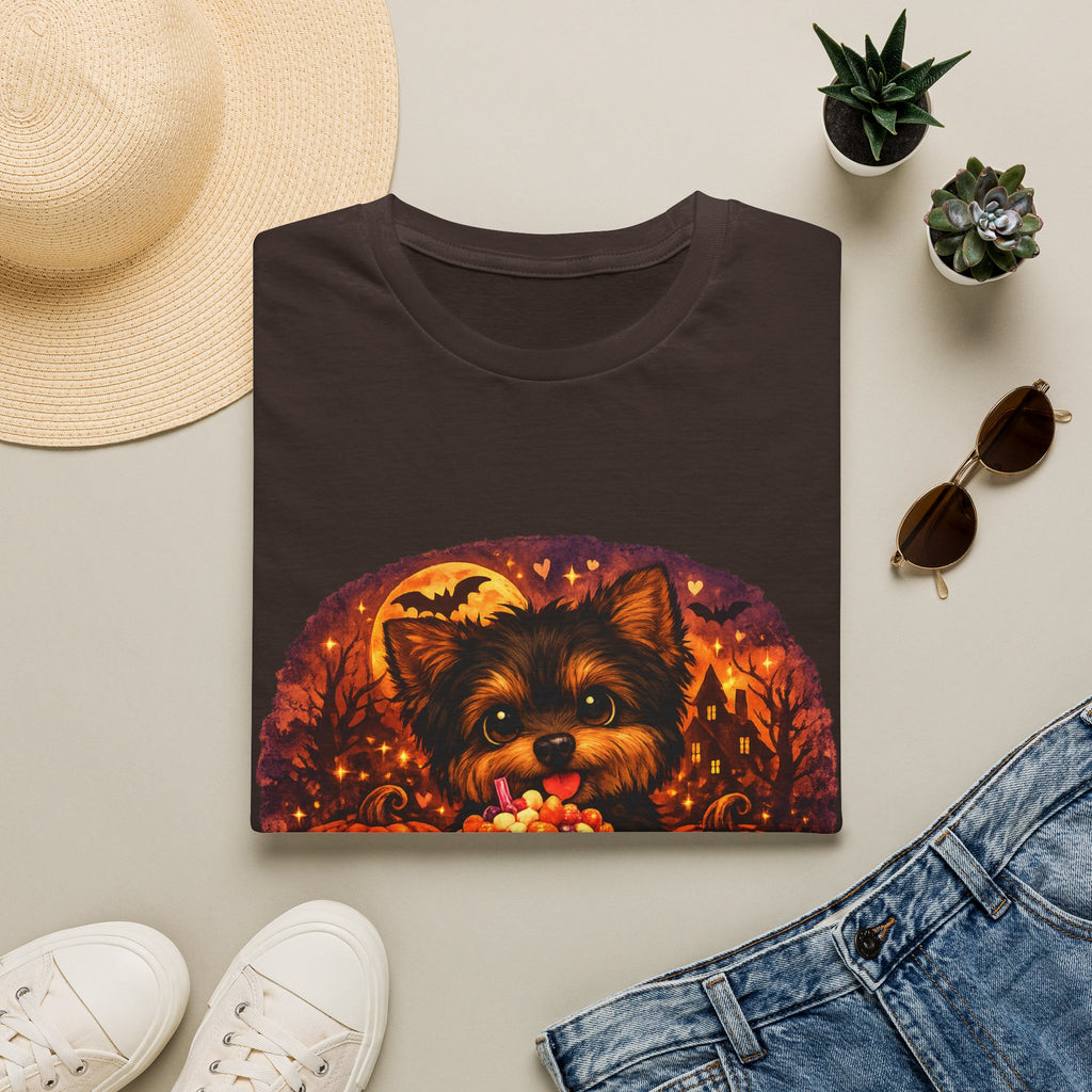 Halloween Puppy T‑Shirt — Cute Yorkie with Candy Pumpkin Design