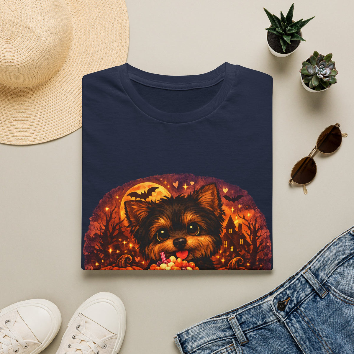 Halloween Puppy T‑Shirt — Cute Yorkie with Candy Pumpkin Design