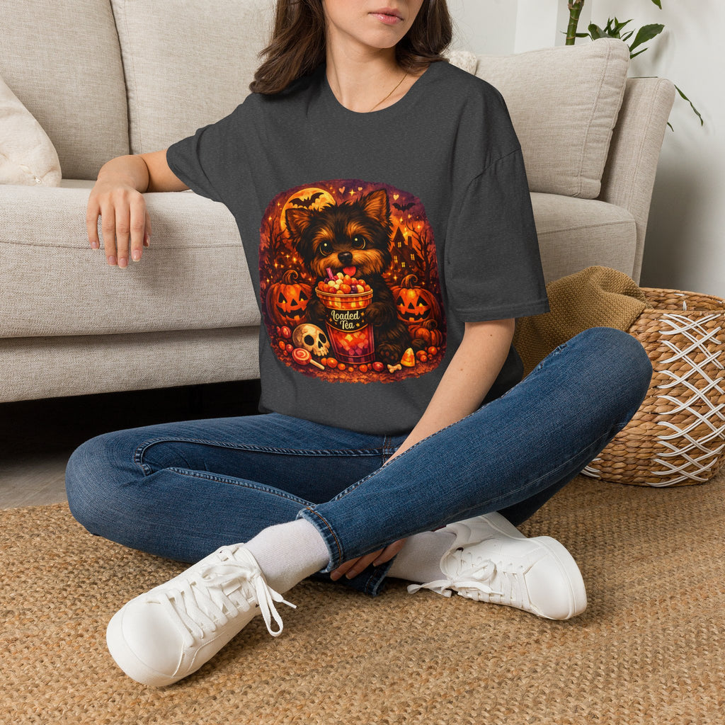 Halloween Puppy T‑Shirt — Cute Yorkie with Candy Pumpkin Design