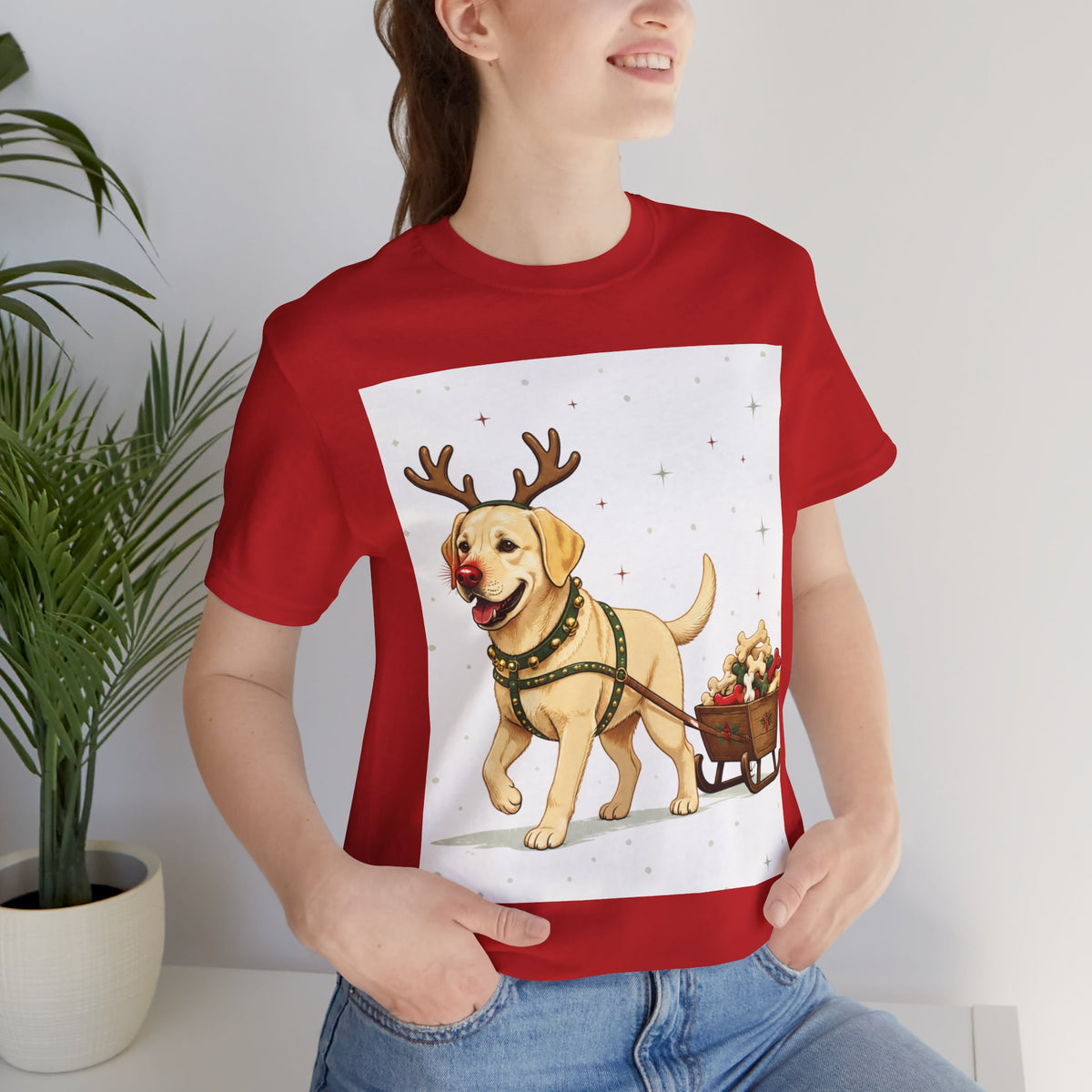 Labrador Reindeer Dog T-shirt | Christmas Pup Pulling Holiday Sleigh