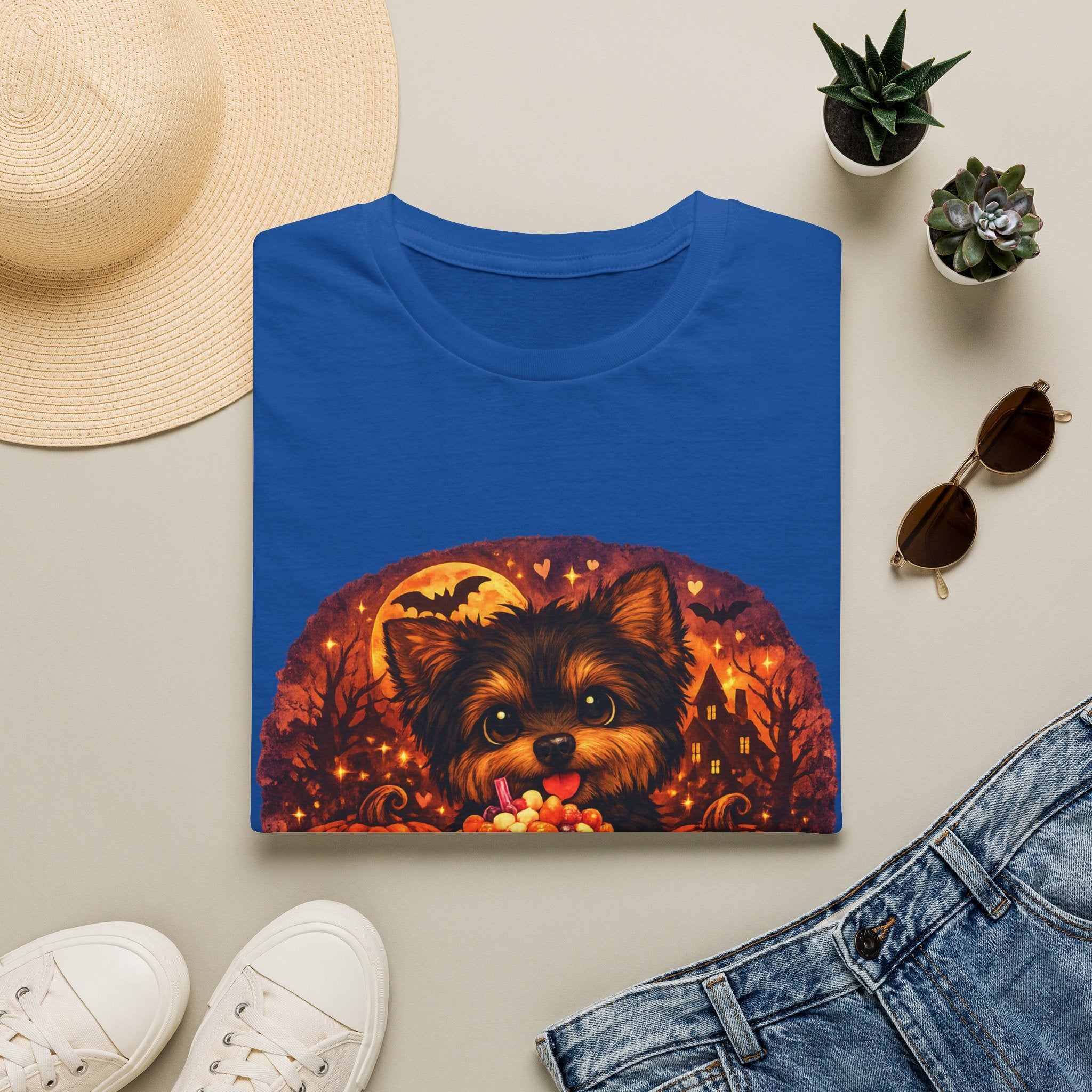 Halloween Puppy T‑Shirt — Cute Yorkie with Candy Pumpkin Design