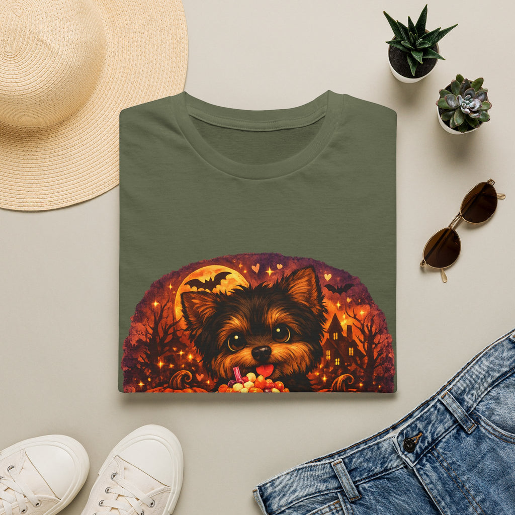 Halloween Puppy T‑Shirt — Cute Yorkie with Candy Pumpkin Design