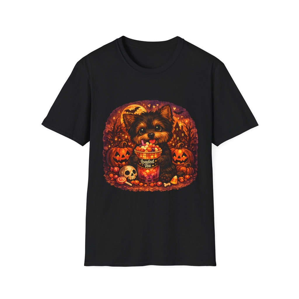 Halloween Puppy T‑Shirt — Cute Yorkie with Candy Pumpkin Design