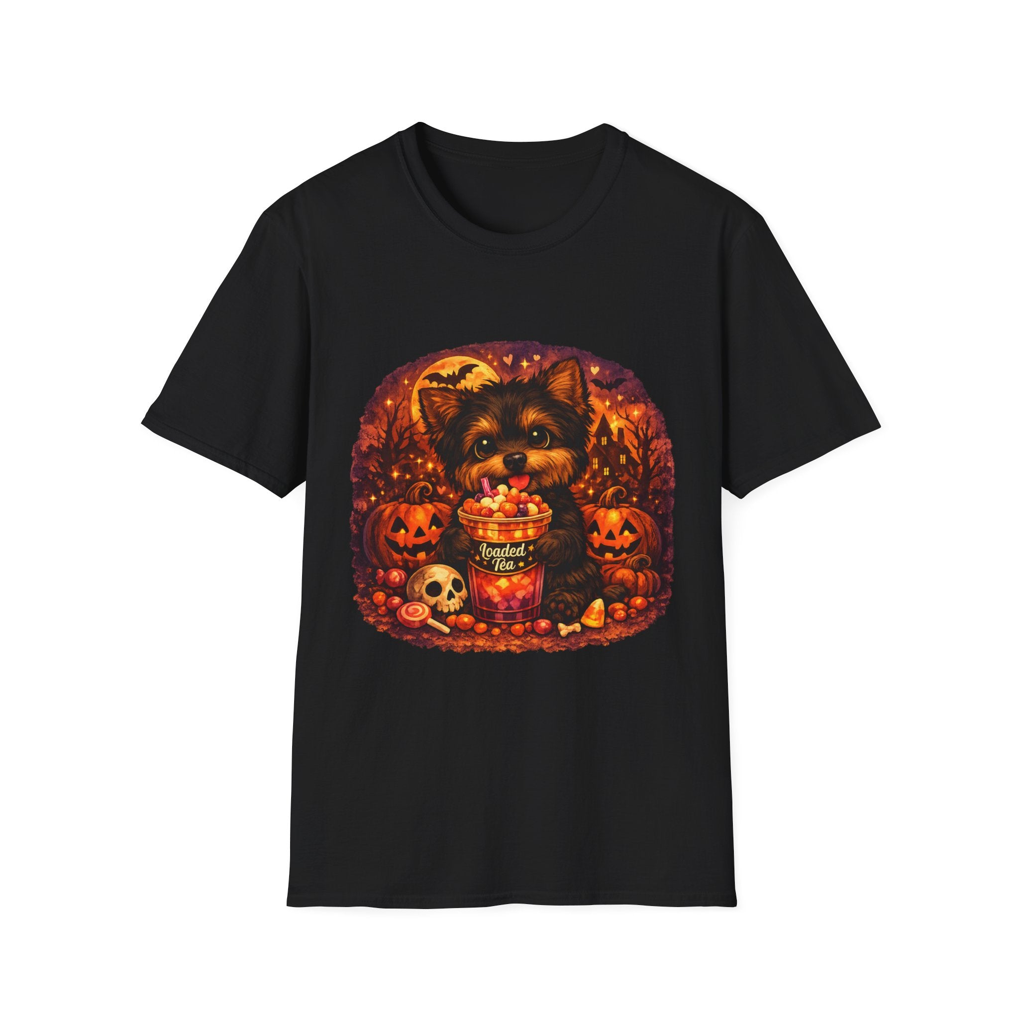 Halloween Puppy T‑Shirt — Cute Yorkie with Candy Pumpkin Design