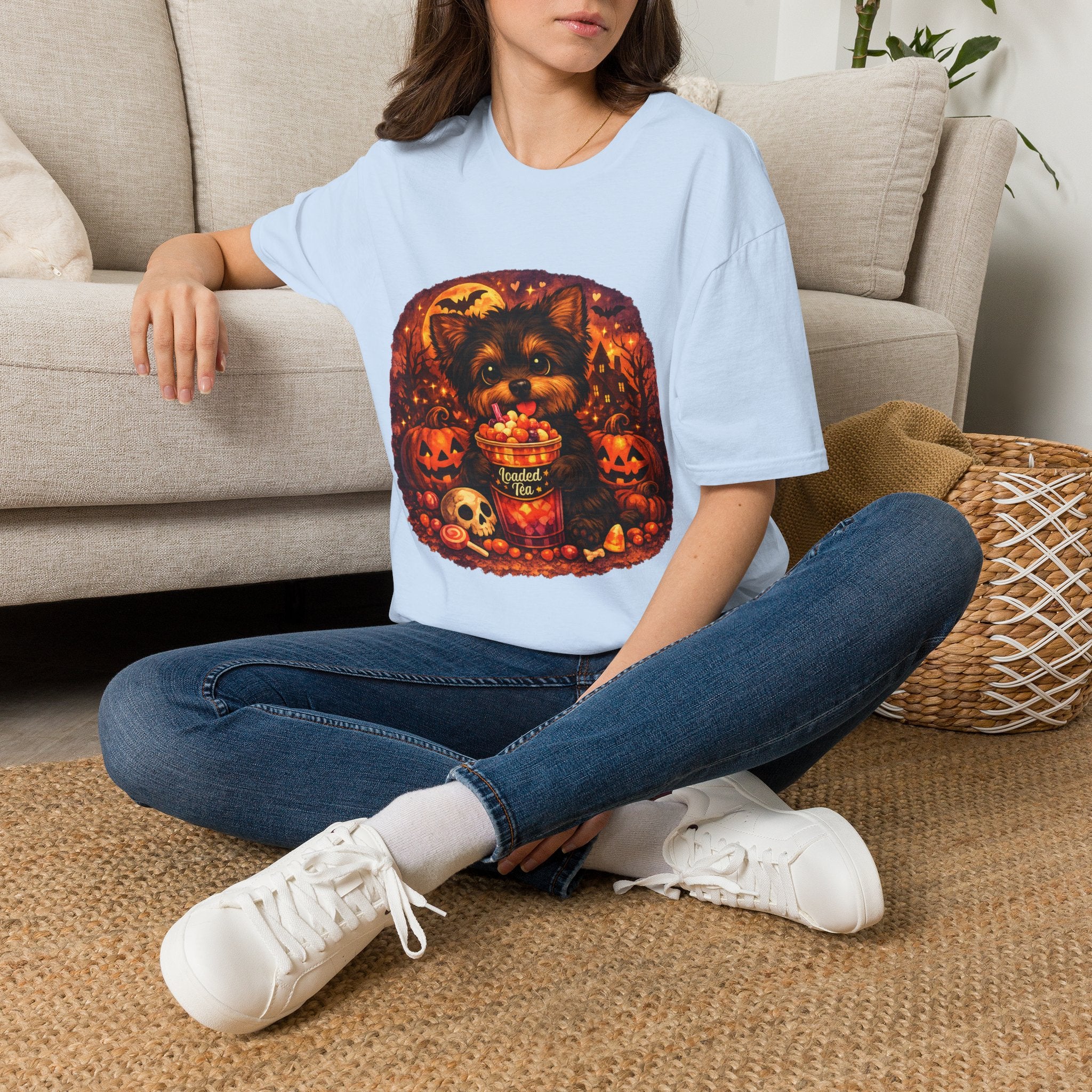 Halloween Puppy T‑Shirt — Cute Yorkie with Candy Pumpkin Design