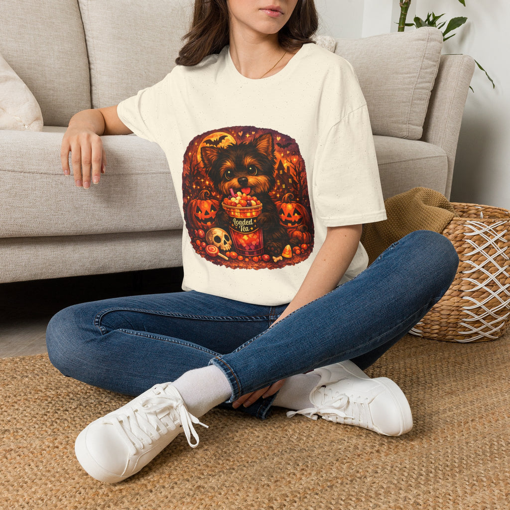 Halloween Puppy T‑Shirt — Cute Yorkie with Candy Pumpkin Design