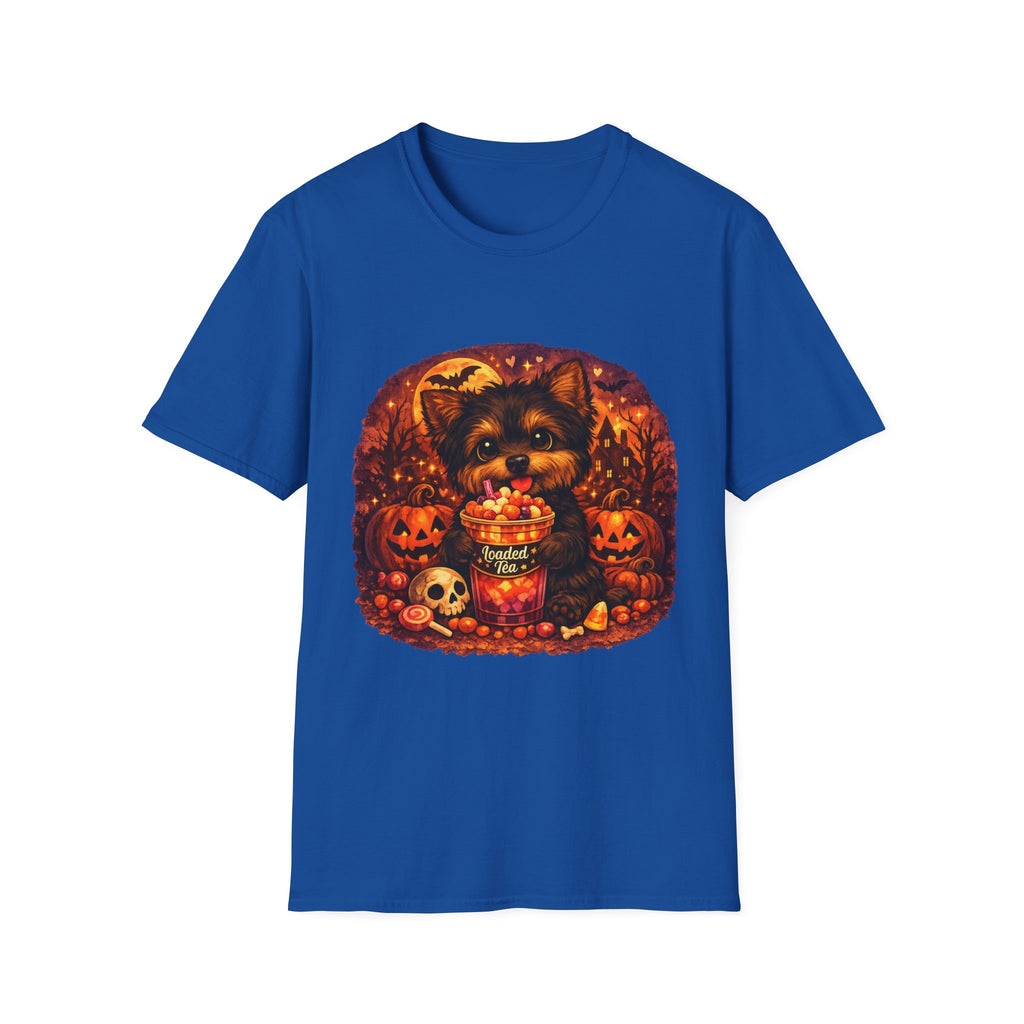 Halloween Puppy T‑Shirt — Cute Yorkie with Candy Pumpkin Design