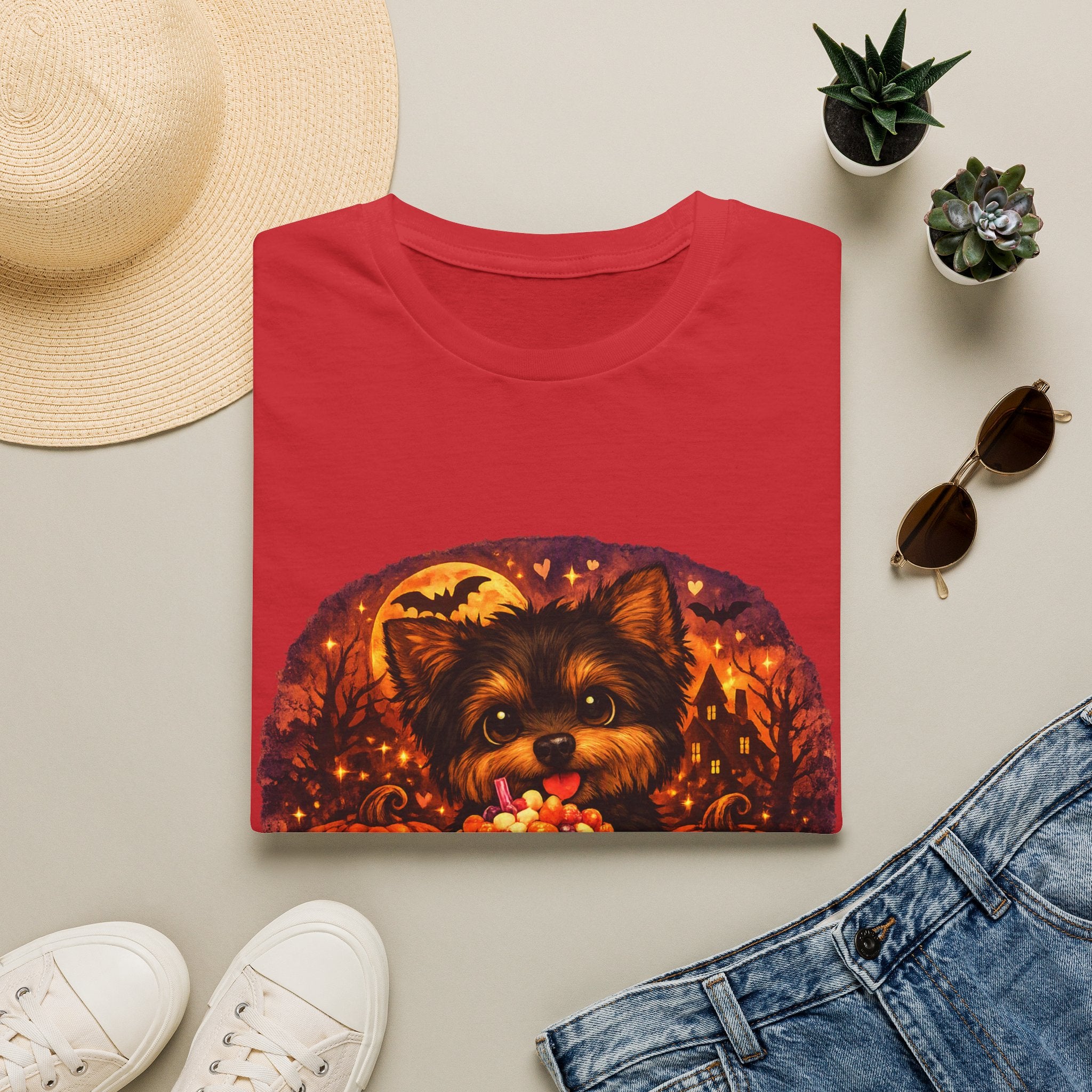 Halloween Puppy T‑Shirt — Cute Yorkie with Candy Pumpkin Design