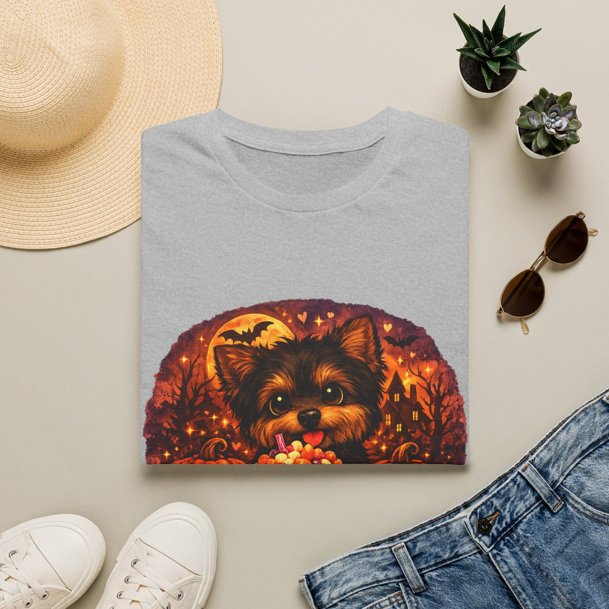 Halloween Puppy T‑Shirt — Cute Yorkie with Candy Pumpkin Design