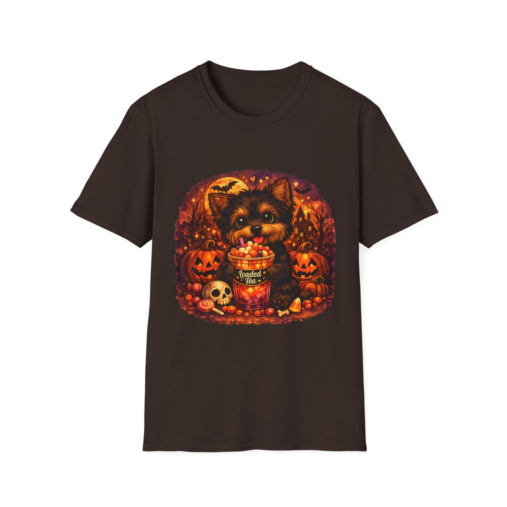 Halloween Puppy T‑Shirt — Cute Yorkie with Candy Pumpkin Design
