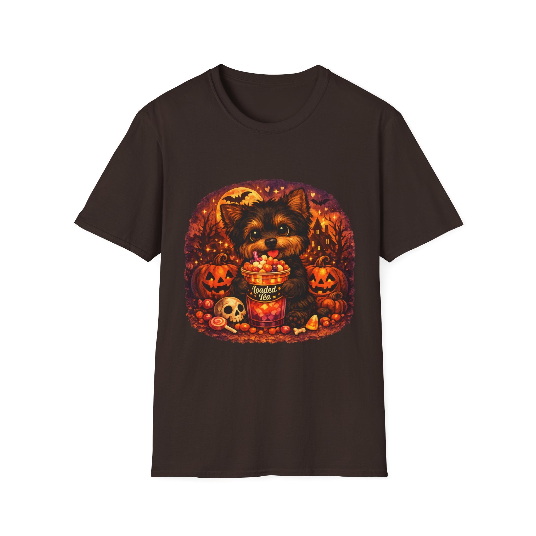 Halloween Puppy T‑Shirt — Cute Yorkie with Candy Pumpkin Design