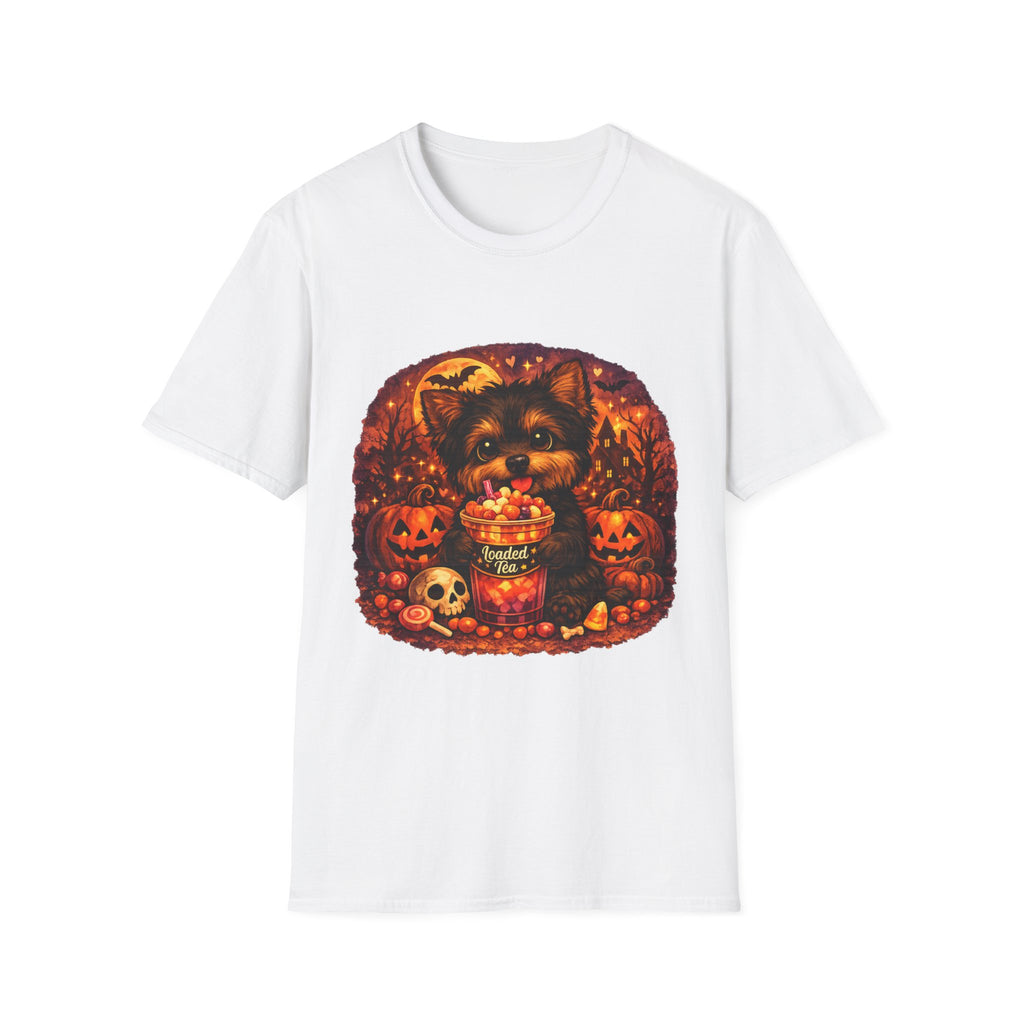 Halloween Puppy T‑Shirt — Cute Yorkie with Candy Pumpkin Design