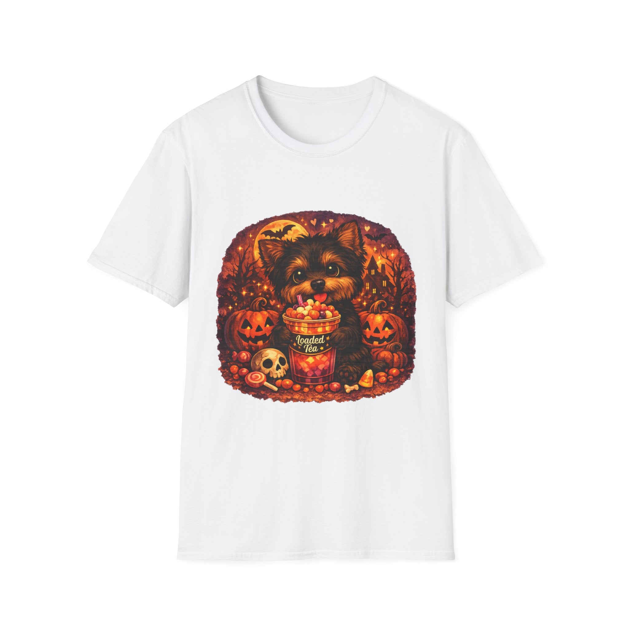 Halloween Puppy T‑Shirt — Cute Yorkie with Candy Pumpkin Design