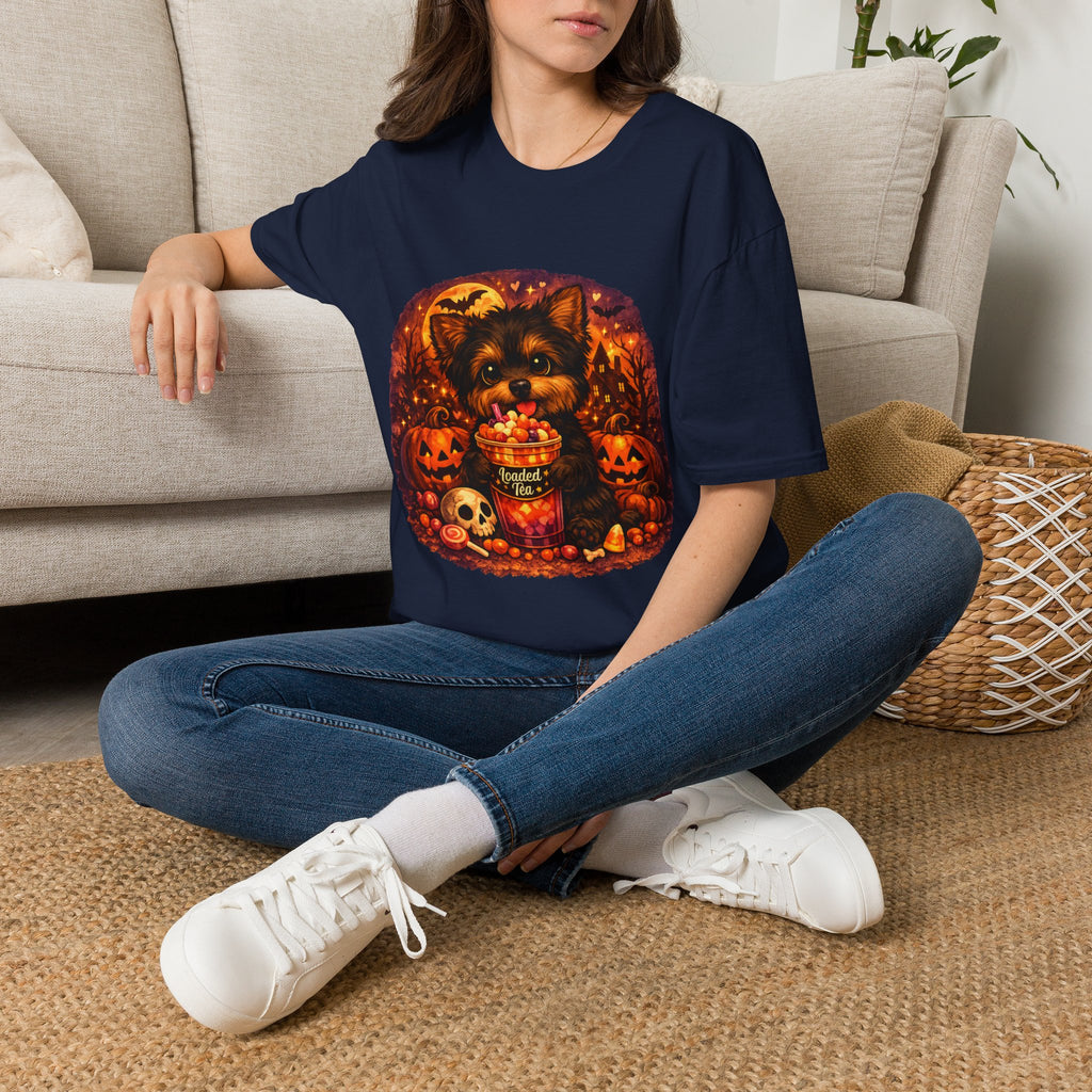 Halloween Puppy T‑Shirt — Cute Yorkie with Candy Pumpkin Design