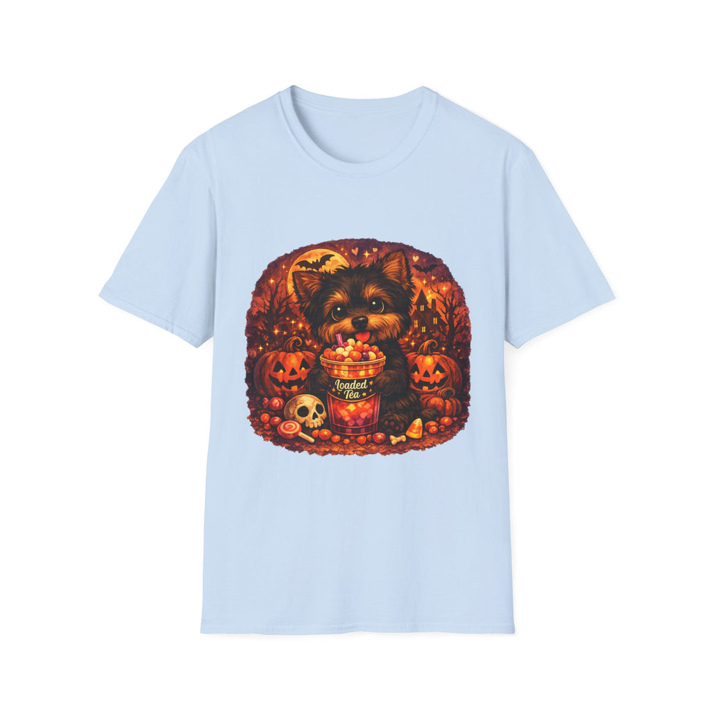 Halloween Puppy T‑Shirt — Cute Yorkie with Candy Pumpkin Design