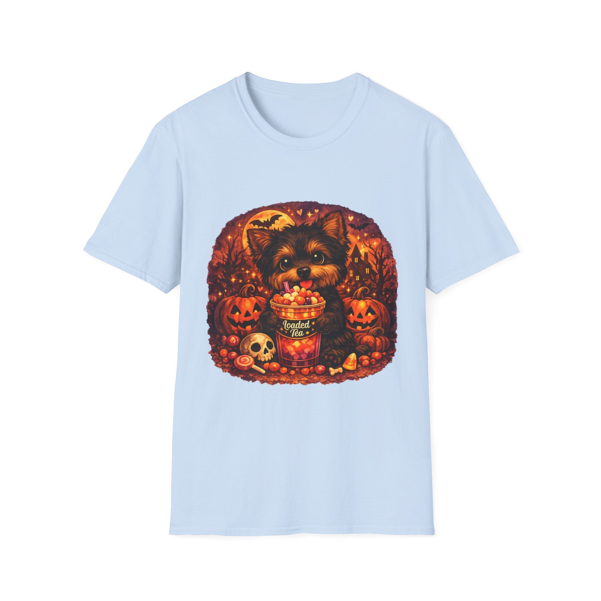 Halloween Puppy T‑Shirt — Cute Yorkie with Candy Pumpkin Design