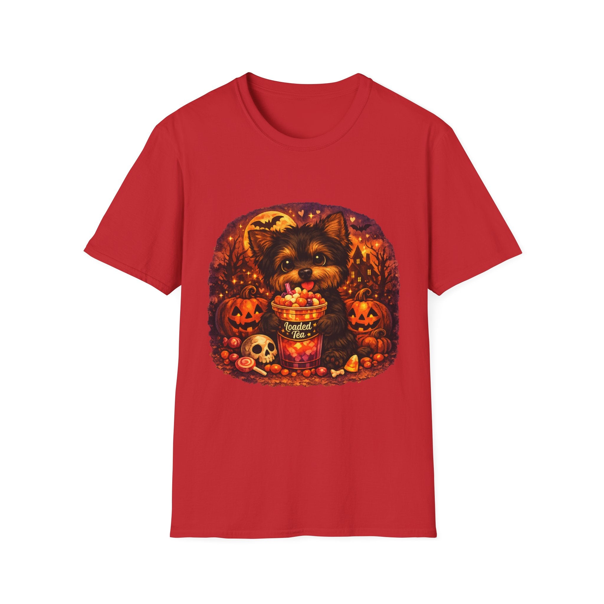Halloween Puppy T‑Shirt — Cute Yorkie with Candy Pumpkin Design