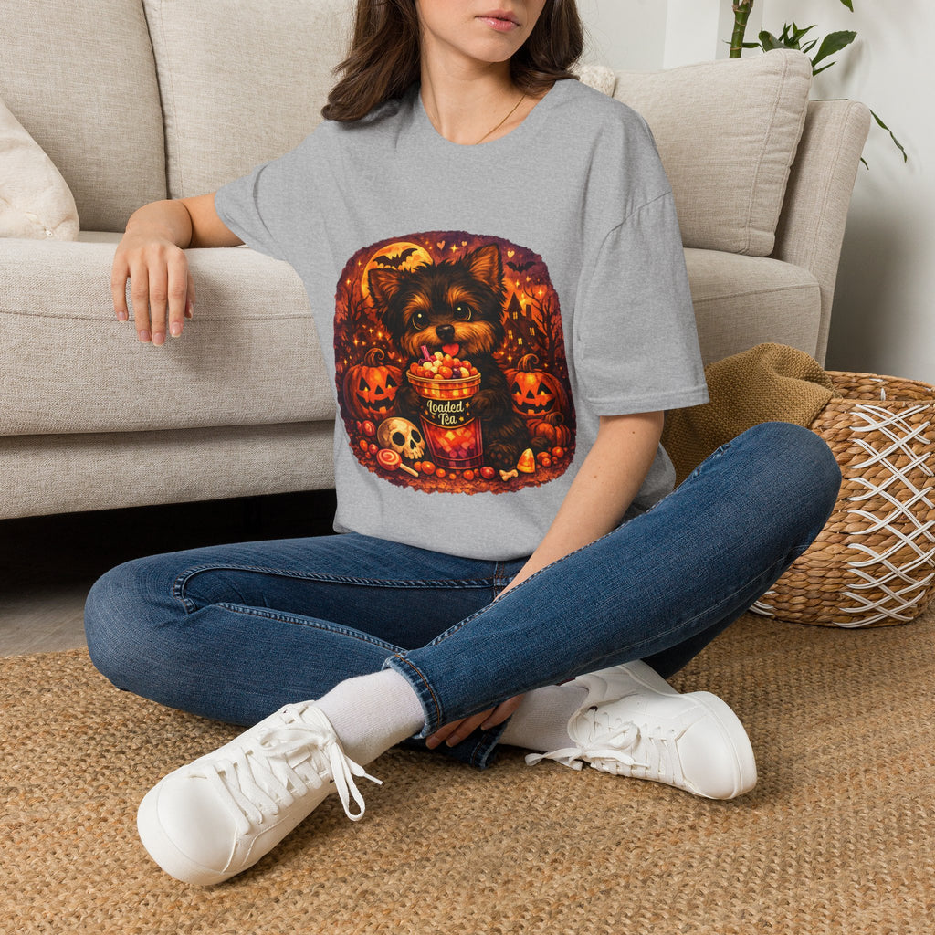 Halloween Puppy T‑Shirt — Cute Yorkie with Candy Pumpkin Design