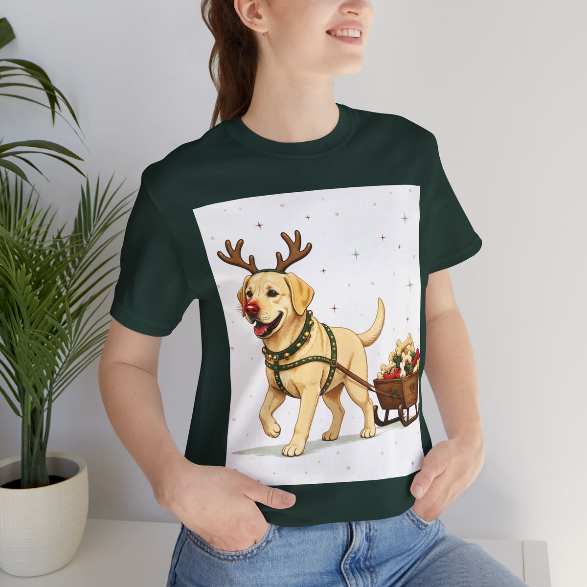 Labrador Reindeer Dog T-shirt | Christmas Pup Pulling Holiday Sleigh