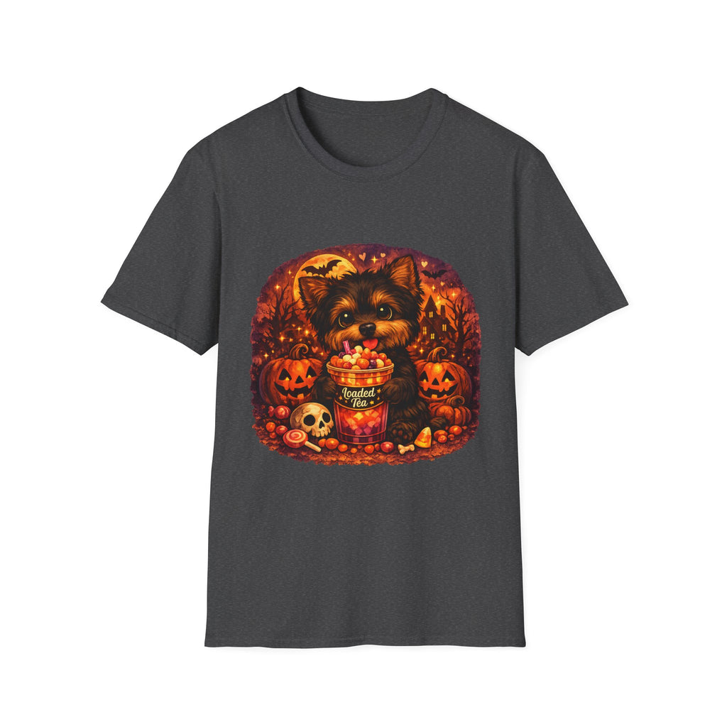 Halloween Puppy T‑Shirt — Cute Yorkie with Candy Pumpkin Design