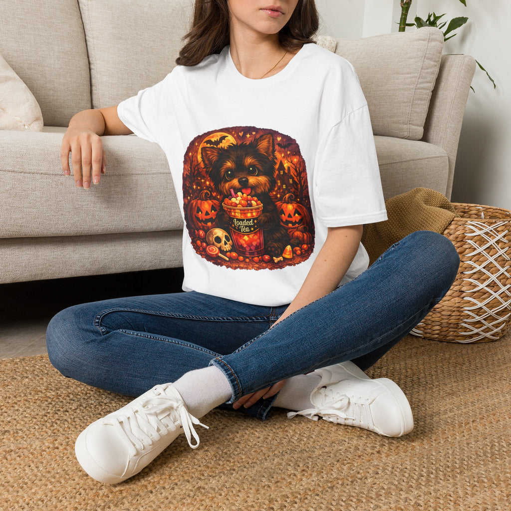 Halloween Puppy T‑Shirt — Cute Yorkie with Candy Pumpkin Design