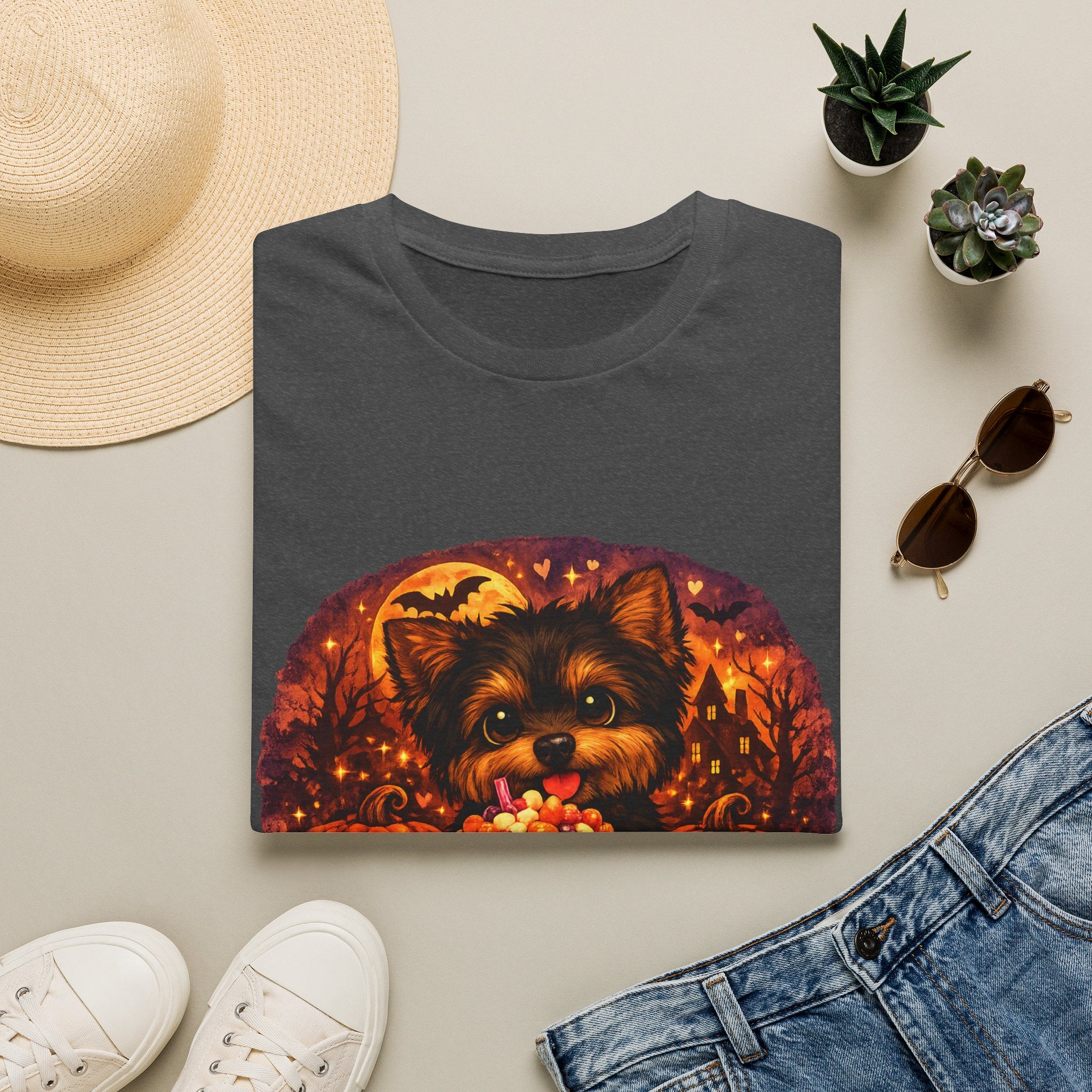 Halloween Puppy T‑Shirt — Cute Yorkie with Candy Pumpkin Design