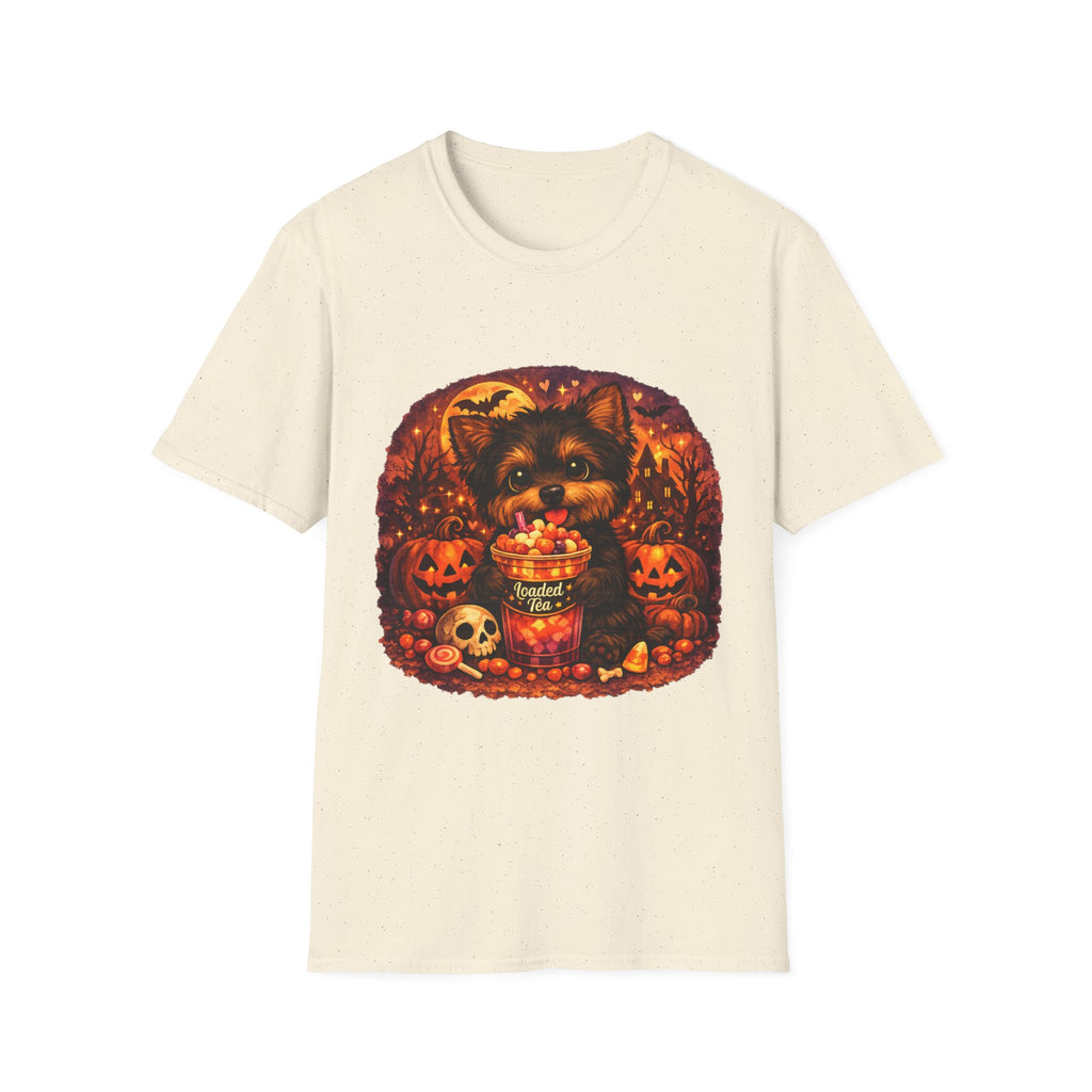 Halloween Puppy T‑Shirt — Cute Yorkie with Candy Pumpkin Design