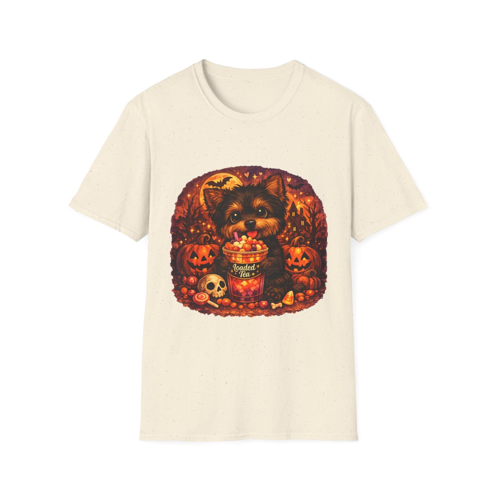 Halloween Puppy T‑Shirt — Cute Yorkie with Candy Pumpkin Design