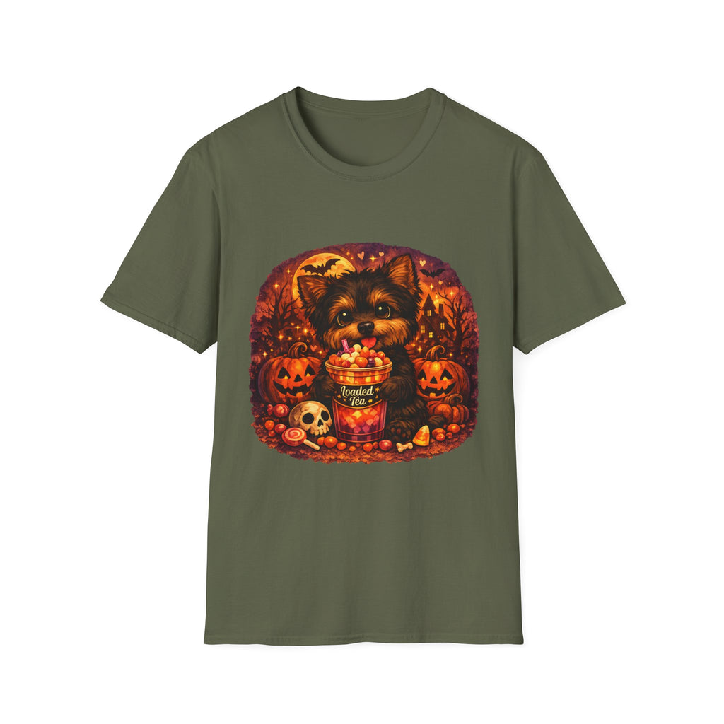 Halloween Puppy T‑Shirt — Cute Yorkie with Candy Pumpkin Design
