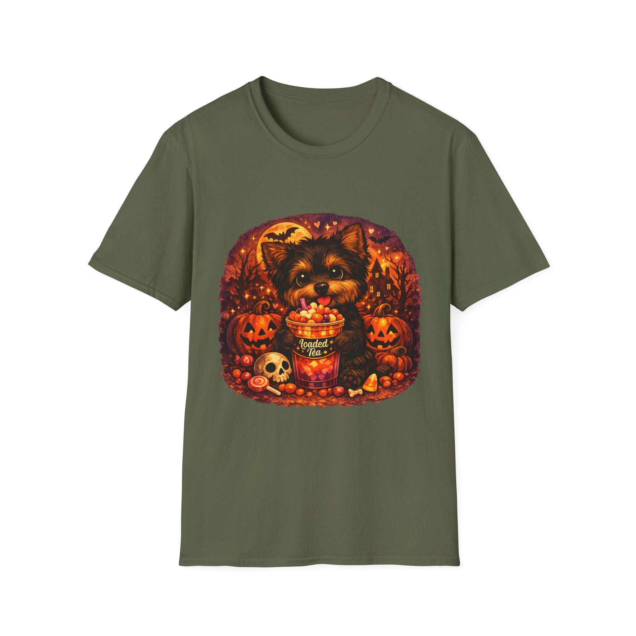 Halloween Puppy T‑Shirt — Cute Yorkie with Candy Pumpkin Design