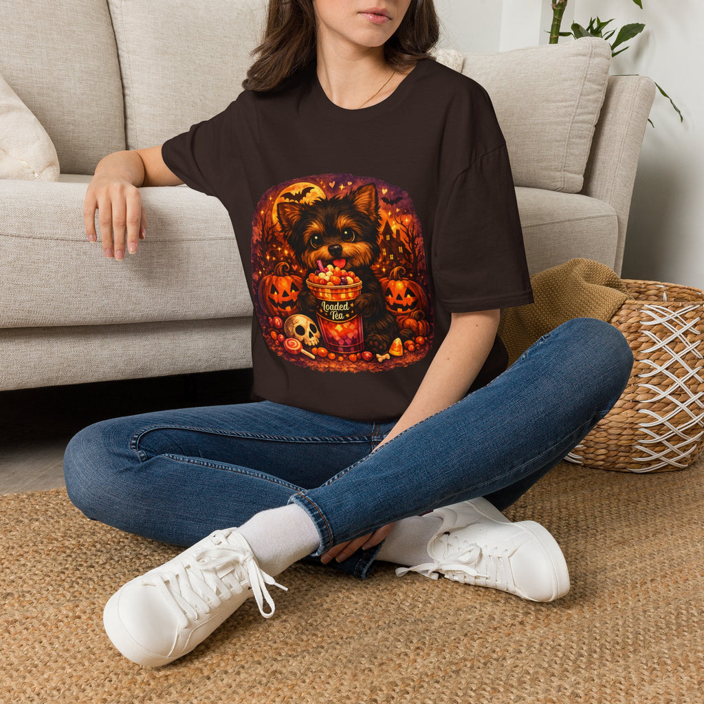 Halloween Puppy T‑Shirt — Cute Yorkie with Candy Pumpkin Design