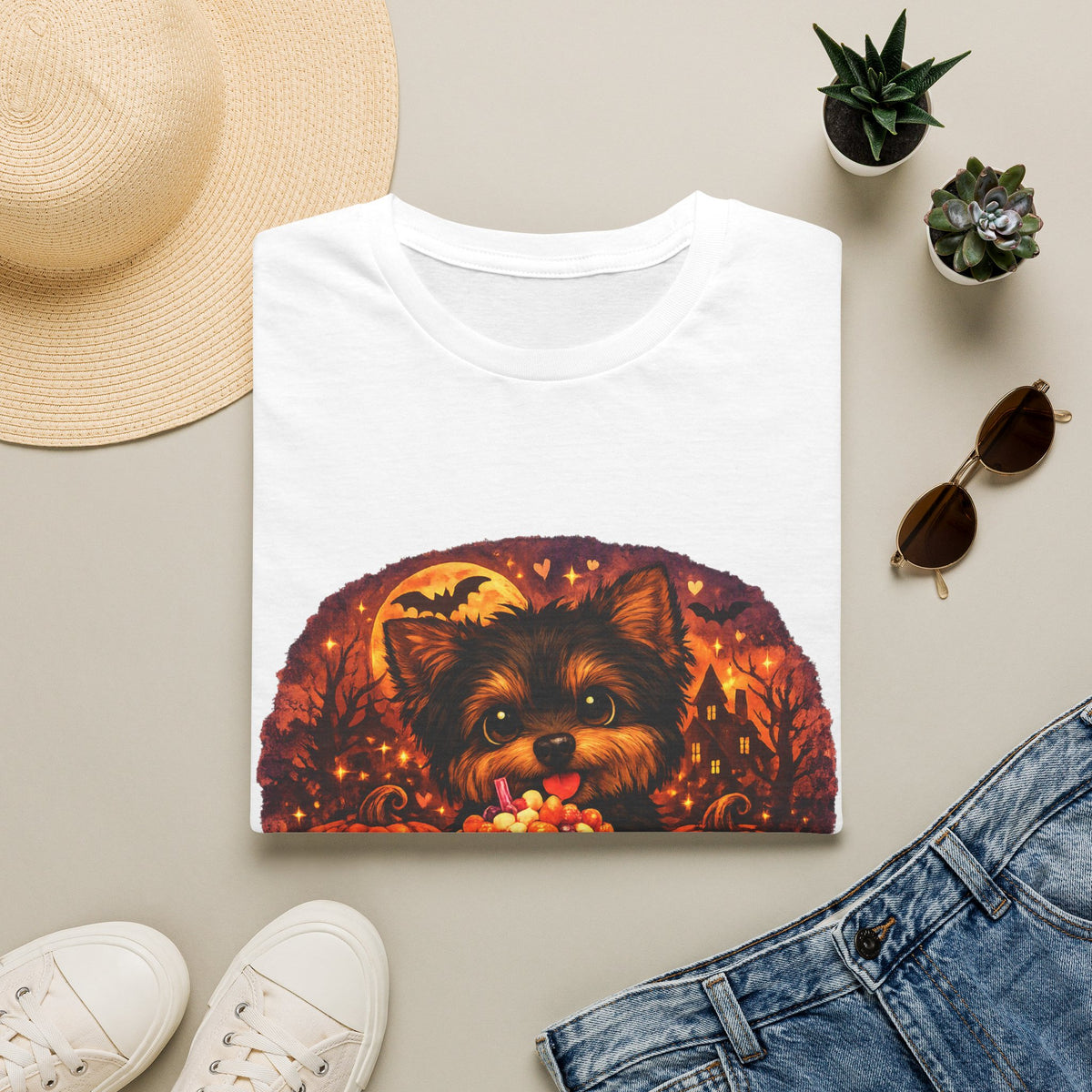Halloween Puppy T‑Shirt — Cute Yorkie with Candy Pumpkin Design
