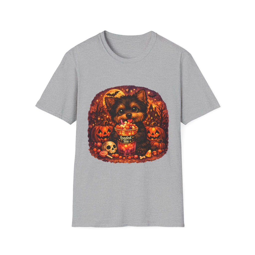 Halloween Puppy T‑Shirt — Cute Yorkie with Candy Pumpkin Design