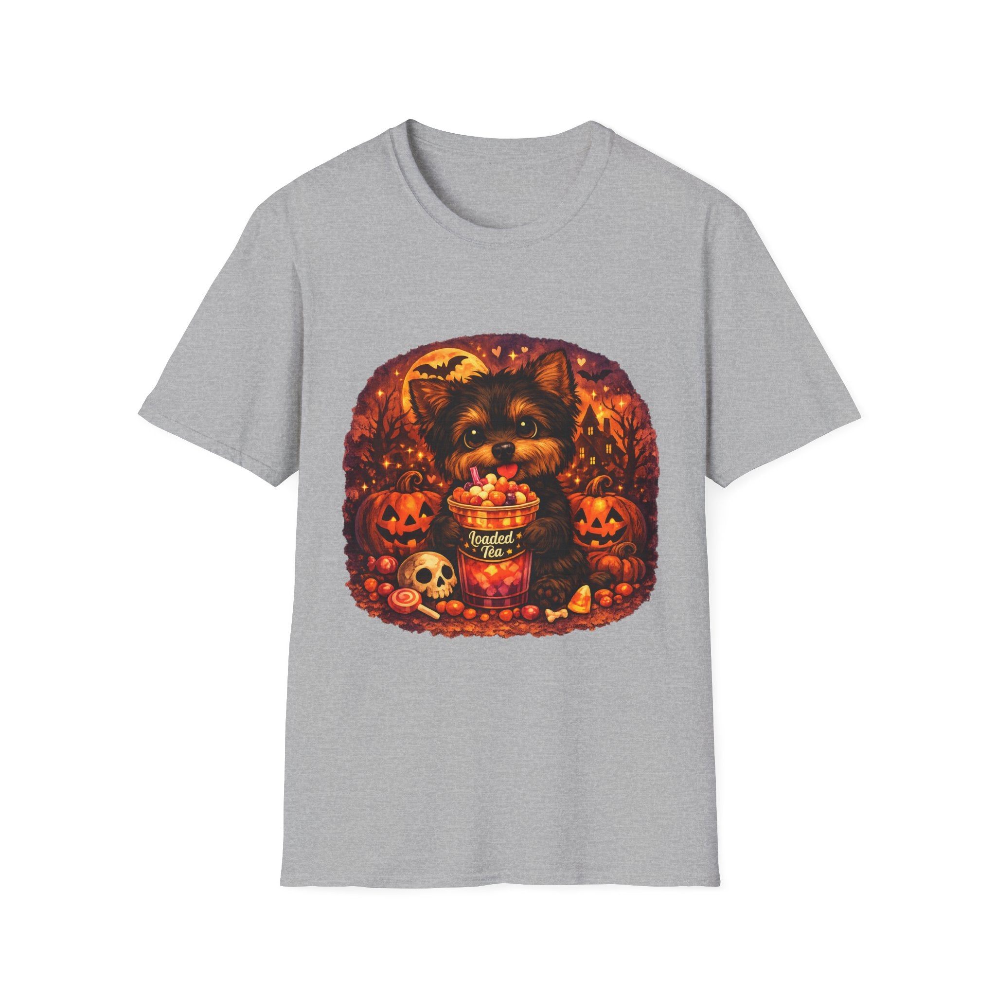 Halloween Puppy T‑Shirt — Cute Yorkie with Candy Pumpkin Design